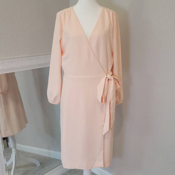 J. Crew Wrap Dress Crepe Cream Pink Tie Waist Long Sleeves Size 10T - Picture 2 of 13